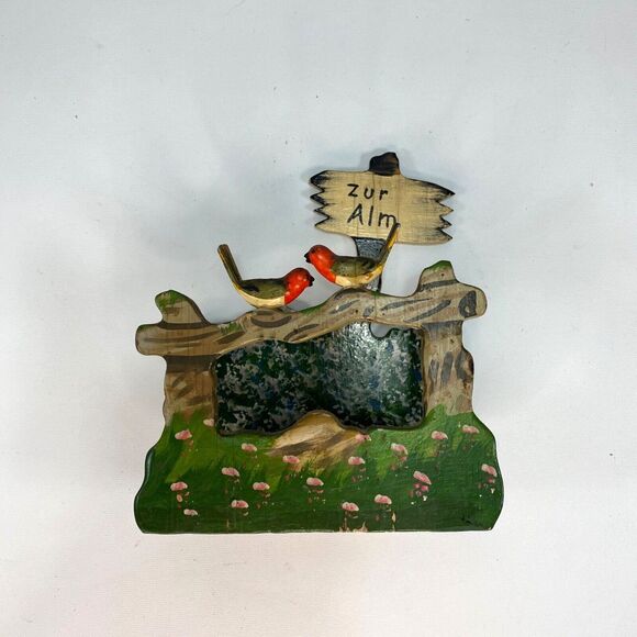 Vintage Handmade Hand Painted Wood Napkin Holder 'To the Pasture' Birds on Fence - Picture 1 of 9